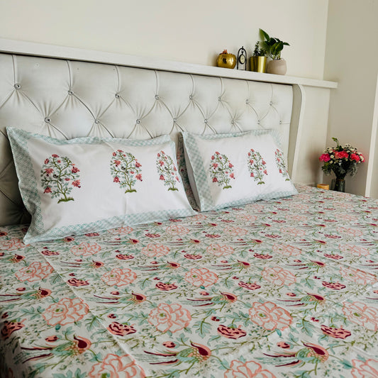 Amber Blossom Handblock Print Pure Percale Cotton Bedsheet