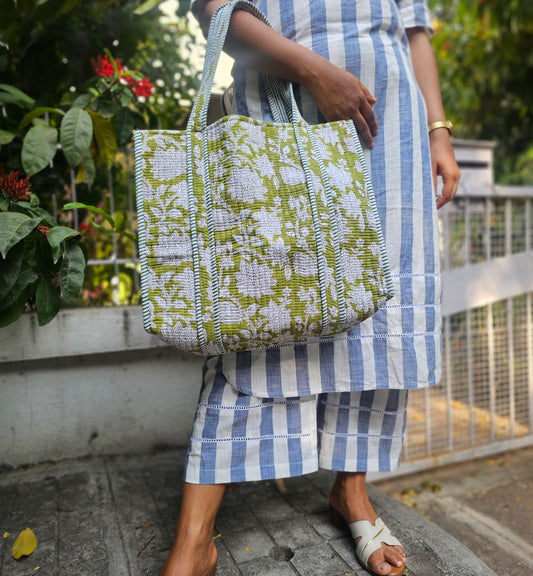Handblock Quilted Tote Bag