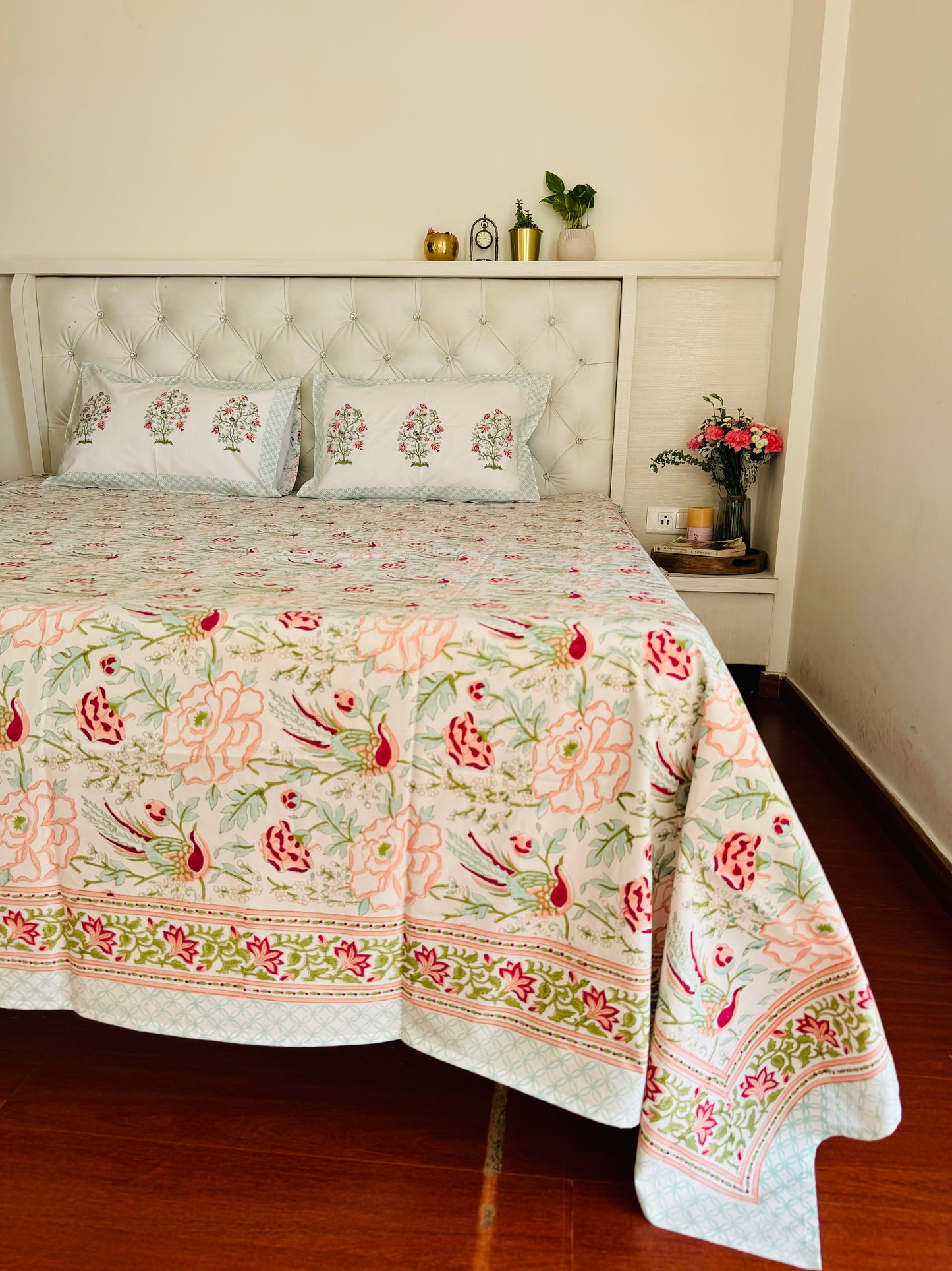 Amber Blossom Handblock Print Pure Percale Cotton Bedsheet
