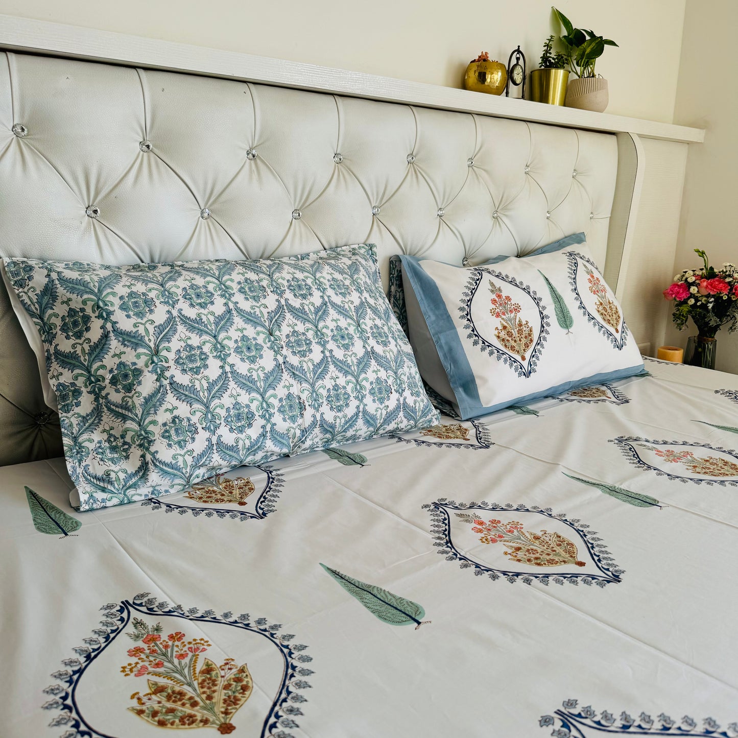 Autumn Bouquet Handblock Print Pure Percale Cotton Bedsheet