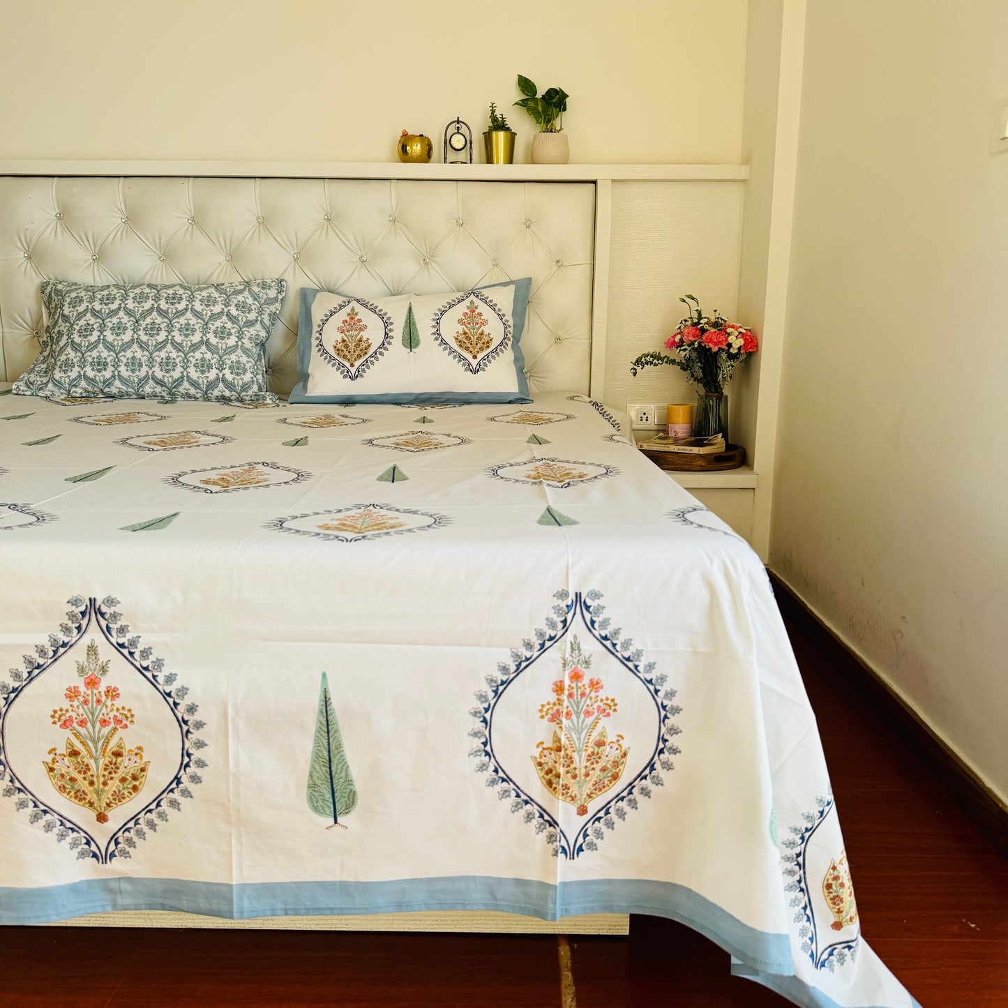 Autumn Bouquet Handblock Print Pure Percale Cotton Bedsheet