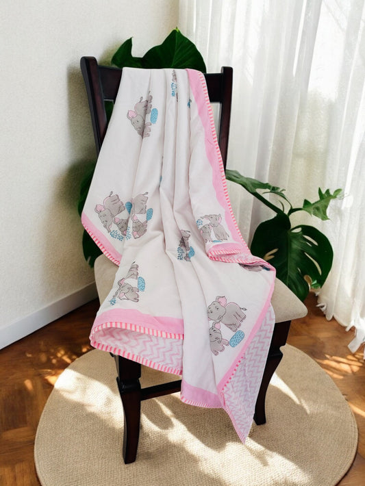 Baby Elephant Handblock Pure Mulmul Cotton Kids Dohar