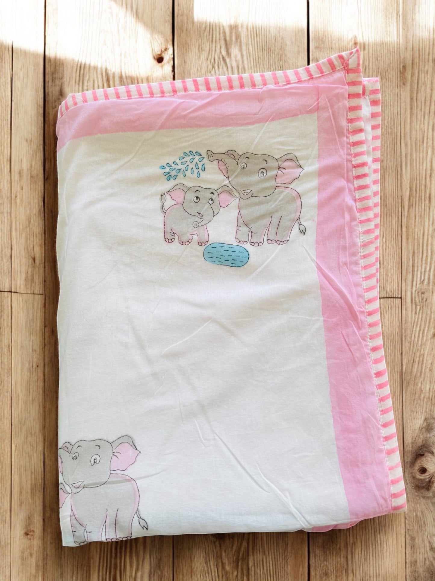 Baby Elephant Handblock Pure Mulmul Cotton Kids Dohar
