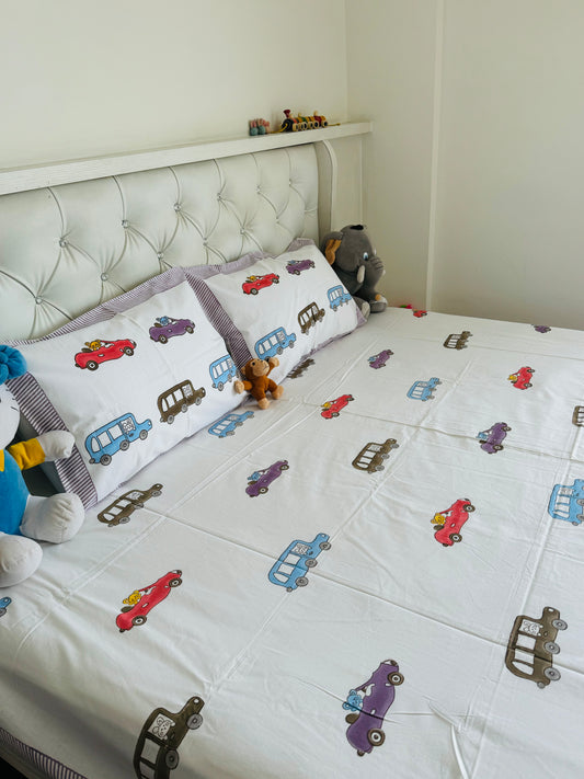 Vroom Vroom Handblock Percale Cotton Kids Bedsheet