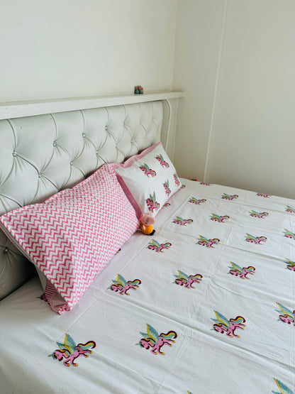 Unicorn Handblock Percale Cotton Kids Bedsheet