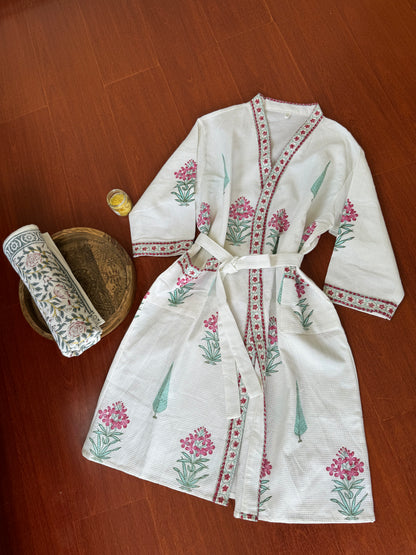 DaisyBloom Handblock Print Waffle Bathrobe